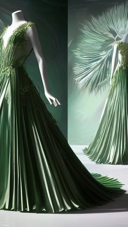 1mannequin, pageant dress, dress inspired by fan palm, pan palm, beautiful, flowing, green, elegant, full body frame, full body, hd, ultra realistic, dress displayed in the mannequin, white background, aesthetic, pastel color, flowing