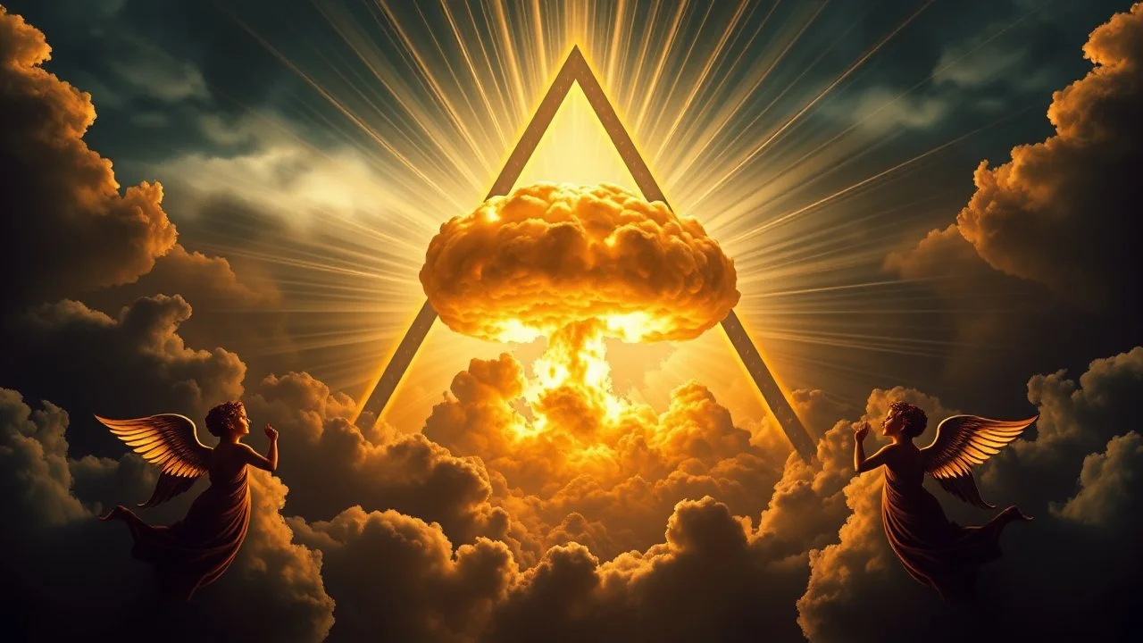 a nuclear explosion cloud(middle) framed from behind by a triangle of stained glass surrounded by radiant lines from the center, the wind and smoke from the explosion forming shapes of attractive dancing women with small angel wings(left and right foreground) like cherubs in the clouds, religiose art, angelic light