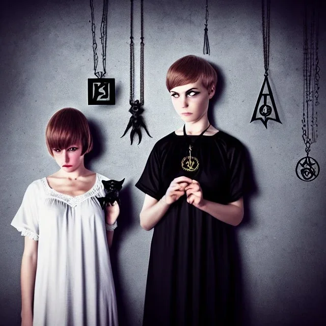 Realistic photo Russian shorthair tomboy with black magic evil forces amulet on the neck boyish face men's look boys face boylike in lacy girlish nightgown in girlish room with amulets of black magic and symbols of evil forces on the wall the wife of the lord of evil and the king of the underworld of evil forces