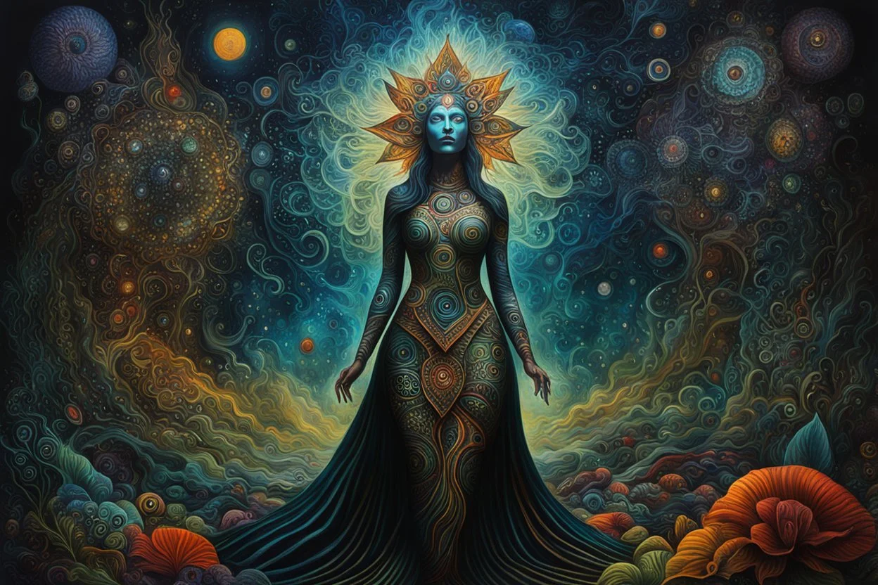 full body painting of a woman experiencing deeply surreal, ethereal, and hallucinatory visions during an ayahuasca journey into the realms of transformative and expanded consciousness, highly detailed in the surrealist style of Max Ernst and Bill Carman, sharply defined and detailed, 4k in dark moody natural colors