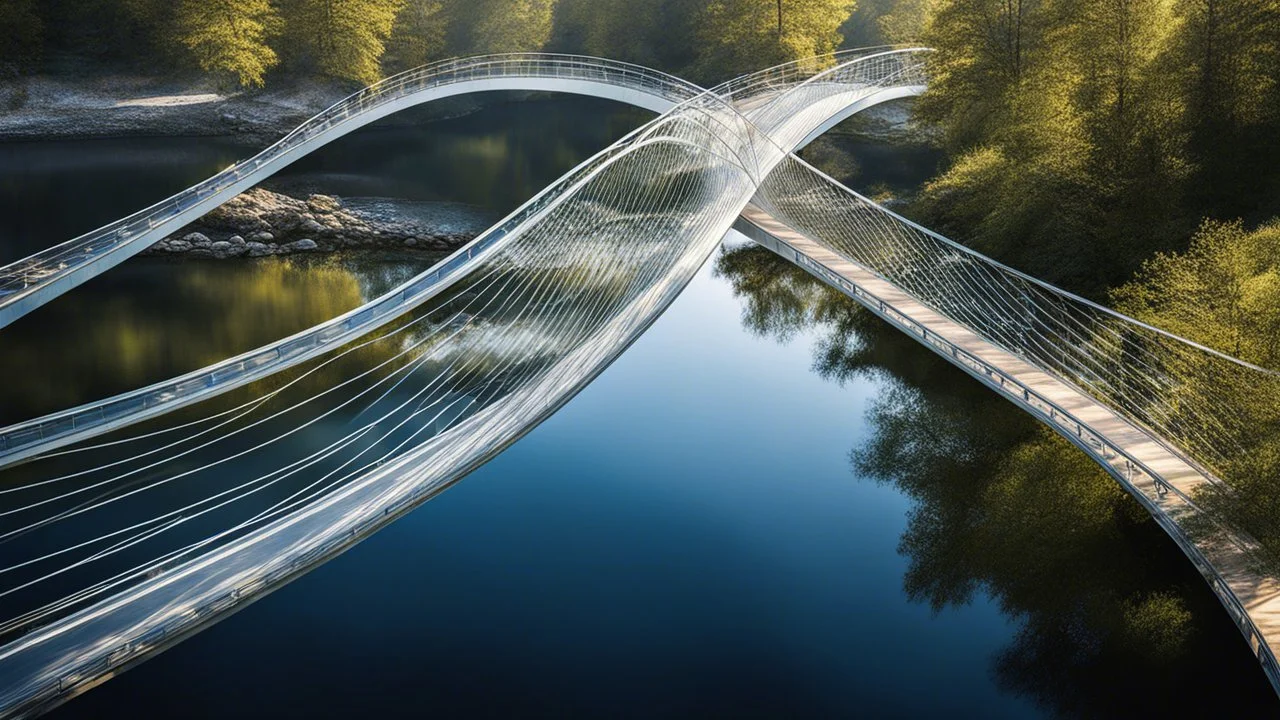 A breathtaking pedestrian bridge with a double helix design, curving elegantly over a calm river. The entire structure is made of transparent glass, giving the illusion that the bridge is floating above the water. The twisted helical shape reflects the sunlight, casting intricate shadows on the river’s surface. Award-winning photograph.