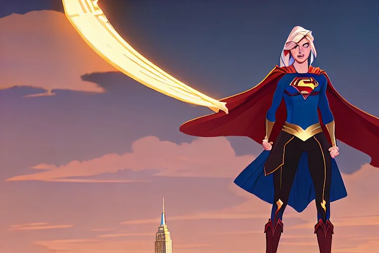 Supergirl holding overhead a giant Bitcoin atop of the Empire State Building.