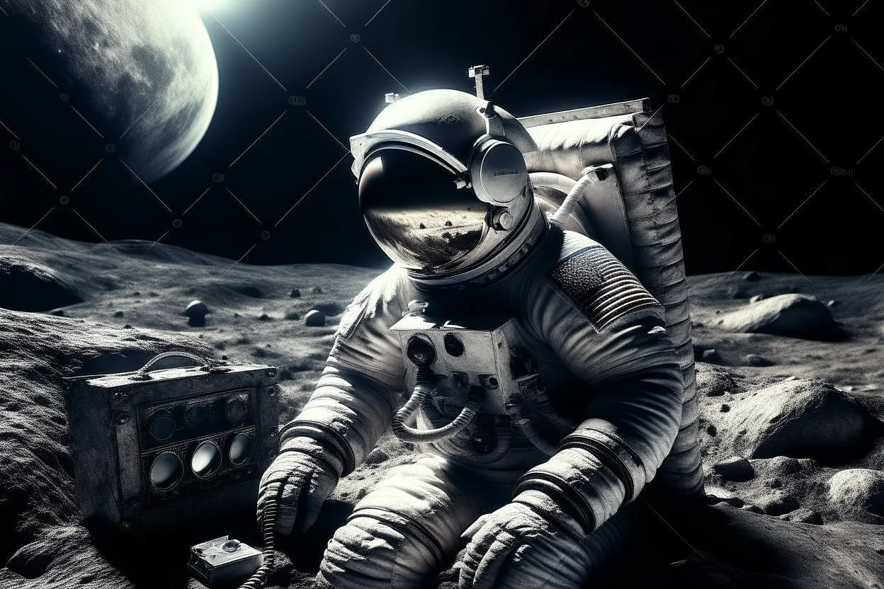 Un astronaute heavy metal écoute la radio sur la lune. La terre explose en arrière plan. Full realism,