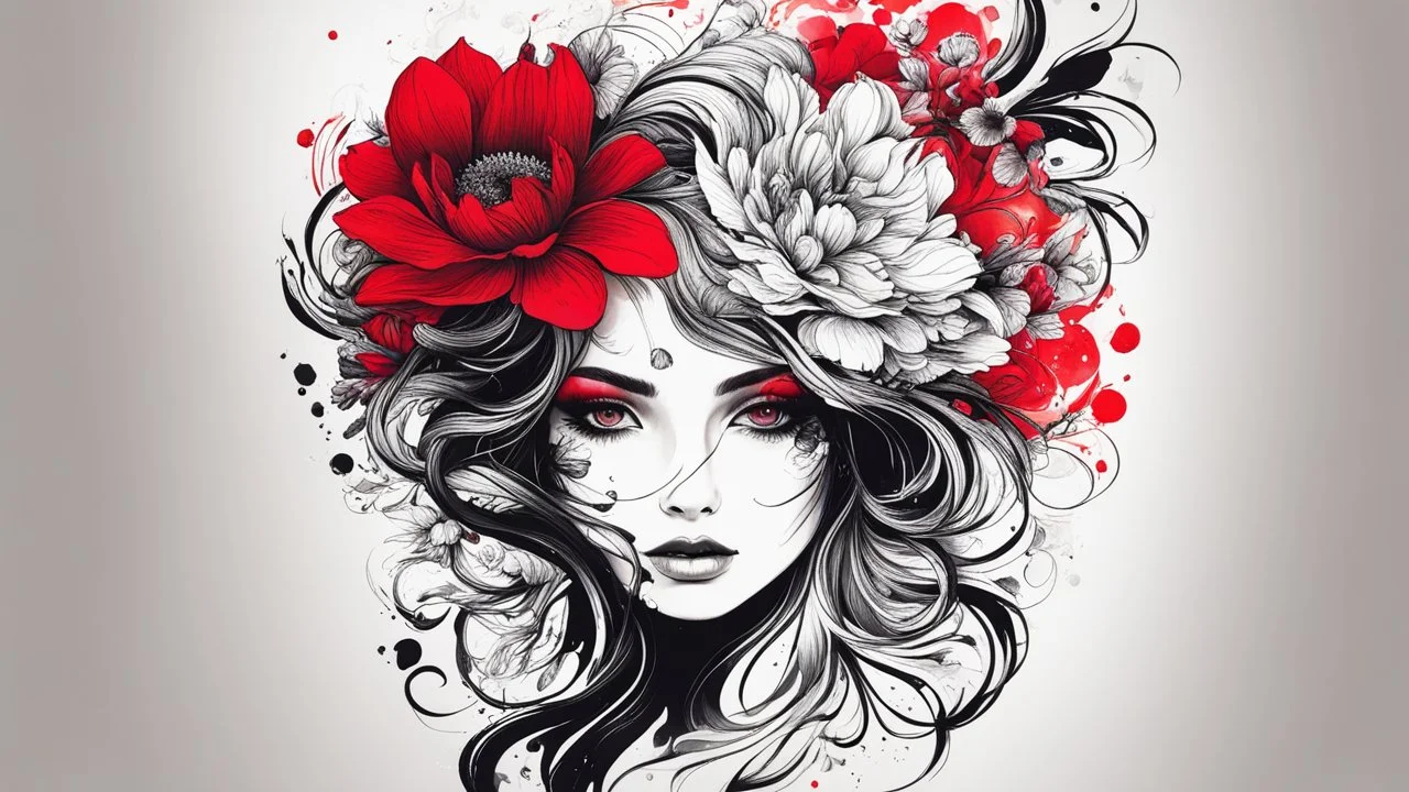 ink design, flower woman, red