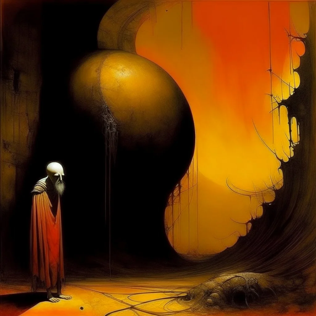 Style by Graham Sutherland and Santiago Caruso, surreal horror art, nightmare residues of dark shine, orange and yellow hues, abstract shy unnatural paradox weirdlings, unsettling, asymmetric abstractions, juxtaposition of the uncanny and banal, diagonal composition, sharp focus, smooth, never seen before art from beyond