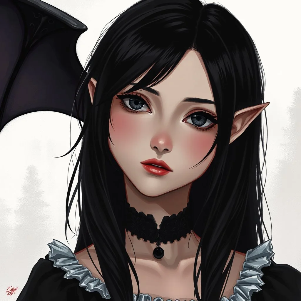 a pretty girl, 14 years old, black hair, vampire, realism, stylised, serana