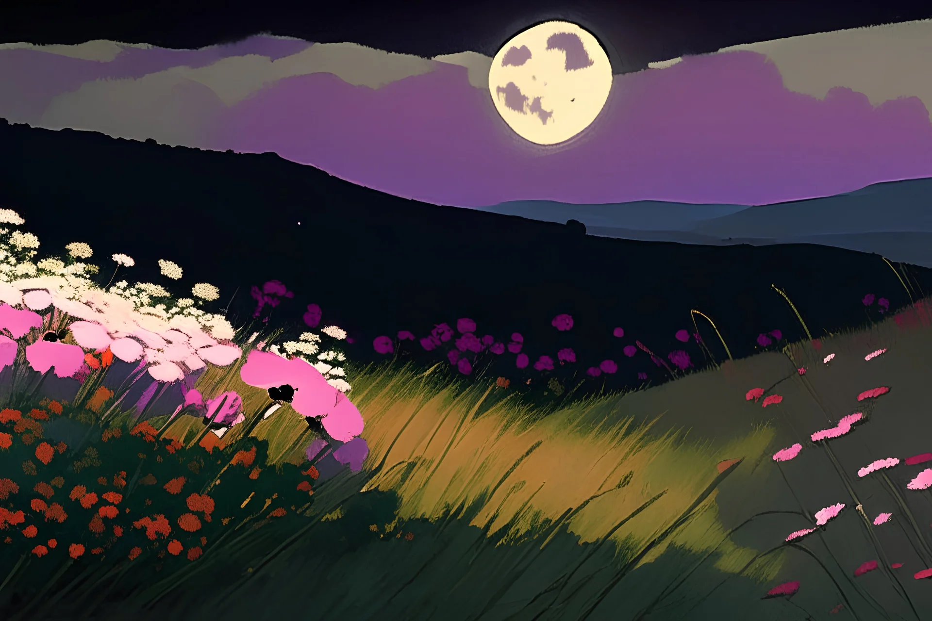 Landscape with night, mountains, flowers, rocks, winslow homer watercolor paintings