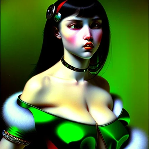 oil Portrait of adult Vampirella busty beautiful green sad eyes nose piercing emerald collar by Jean Auguste Dominique Ingres 8k