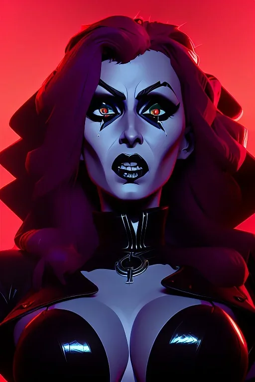 Evil witch SOPHIA LOREN dressed in shiny black leather, frank miller sin city, busty, cleavage, volumetric lighting, particales,highly detailed,cinematic, deep colours,8