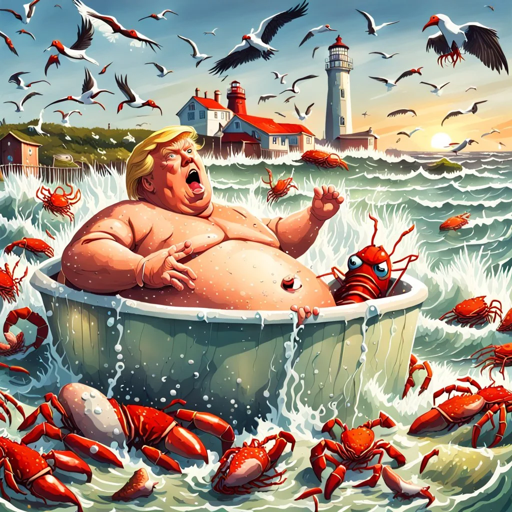 Donald Trump as a Fat man in a claw foot bathtub sinking in the ocean. Water lapping at the top of the tube. Panic on his face. Scared, screaming for help. Surrounded by seagulls, lobsters and crabs. there is a colorful light house in the background.