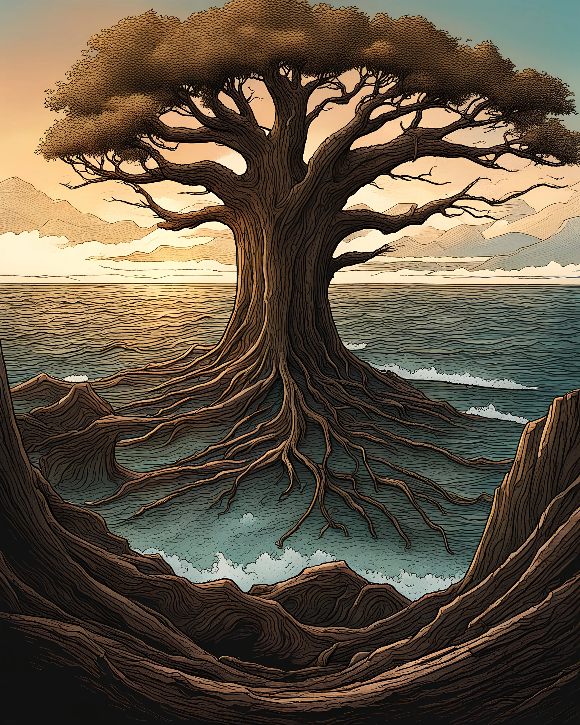 a great tree trunk takes up the majority of the screen. It is surrounded by ocean, which pours into the center of the charred wooden flesh. There are no mountains or other trees surrounding it, and there are no leaves