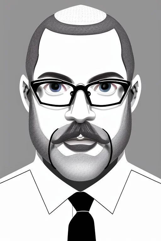 black and white,real estate agent,bald white male with grey beard,55 years old,metal wire frame glasses,, necktie,portly,detailed drawing,white background