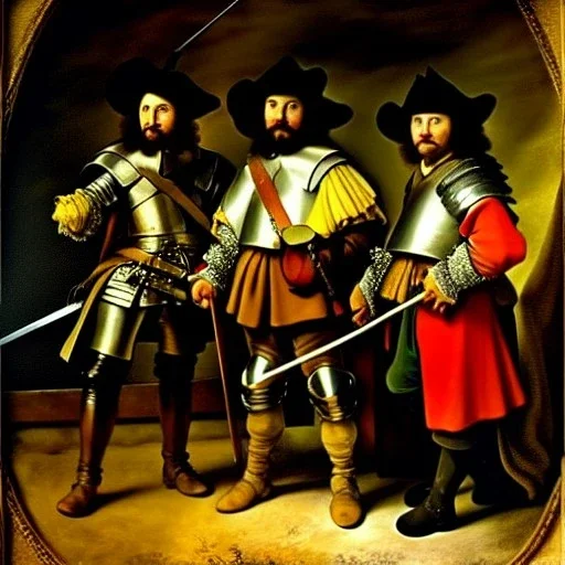 oil portrait of The Three Musketeers and d'artagnan with armor by Rembrandt 8k