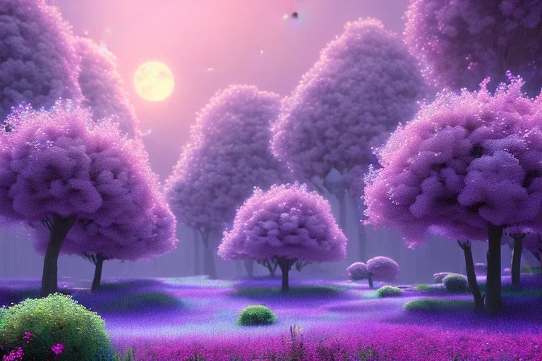 monde en fleurs bleu pink fuksia, concept art, crépuscule , trees bleu pink violet oranger, vibrant Color, réaliste, kwiaty maki rozowe