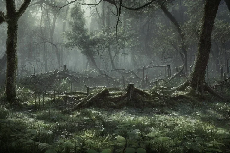 Overgrown burial ground ruins deep in a dense forest, dark fantasy, moonlight shafts, night time, fireflies