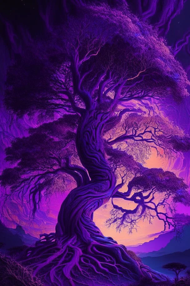 majestic tree, psychedelic, violet tones, fantasy landscape