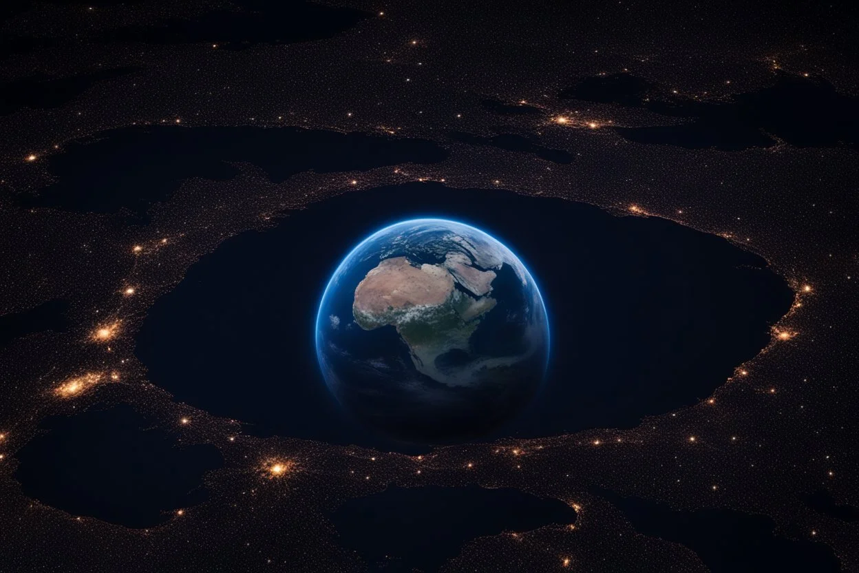 تصوير جوي للأرض من الفضاء، حيث يظهر الكوكب الأزرق الجميل في خلفية مظلمة وغامضة. تتلألأ سطح الأرض بألوانها المتعددة، ويتجلى لمحة من السحب والمحيطات. تنعكس ضوء الشمس بلطف على الجانب المضاء، مشيرةً إلى التنوع والجمال الذي تحمله هذه الكوكبة المعجزة.