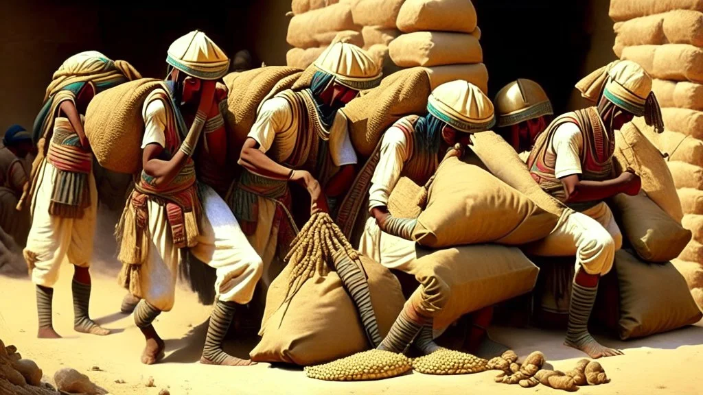 Ancient Egyptian soldiers tying large bags