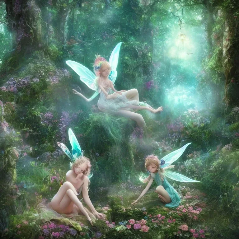 subtle and luminous fairies in magical environnement