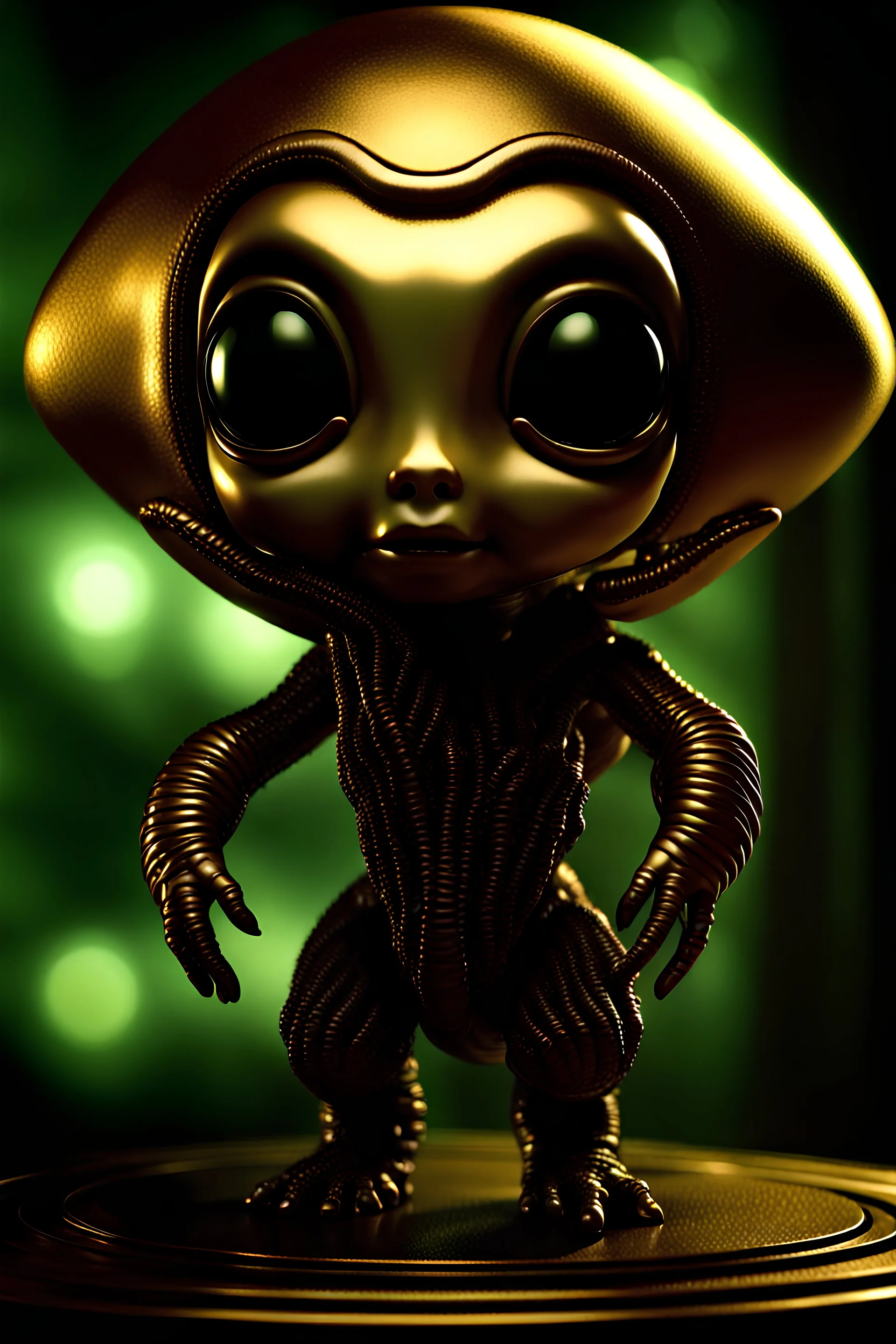 Beautiful cute adorable little chibi alien, 3D, CGI enhanced with rtx, fantasy scene, diorama, ultra HD, 4k, 8k, 16k, cinematic, Golden ratio, by "h r Giger" by "Santiago Caruso"