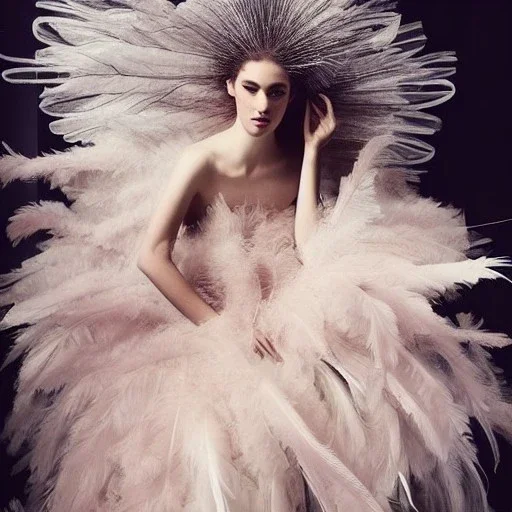 dress made out of feathers sequins and tulle and organza, swirlng, ethereal, heavenly, stunning colors, chiaroscuro, fashion photography, vogue, dramatic, beautiful lighting, delicate composition, aesthetic, ballerina, ballgown