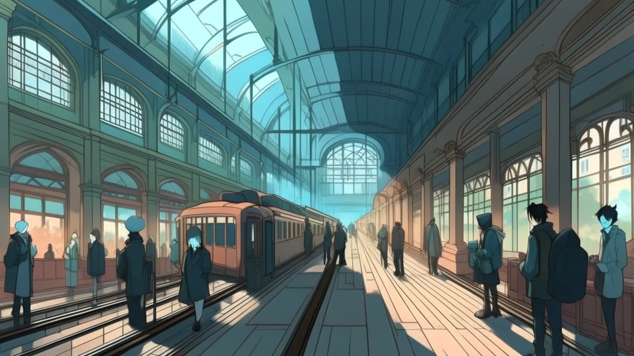 Bustling train station, portals to different realms, in the style of adventure anime.