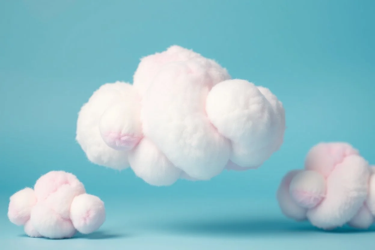 sky blue background with stuffed toy white clouds highlighted with pinks and pastel violet