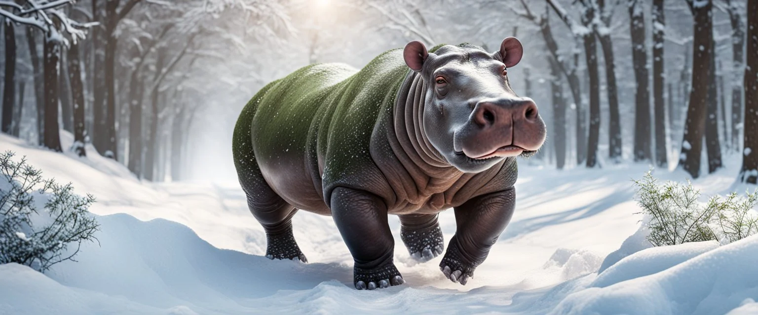 hippo in the snow, forest alley background, close-up shot, realistic,Highest quality telescopic Zeiss Zoom lens, supreme cinematic-quality photography, steel walnut wood green leather clothes, Art Nouveau-visuals,Vintage style Octane Render 3D technology,hyperrealism photography,(UHD) high-quality cinematic character render,Insanely detailed close-ups capturing beautiful complexity,Hyperdetailed,Intricate,