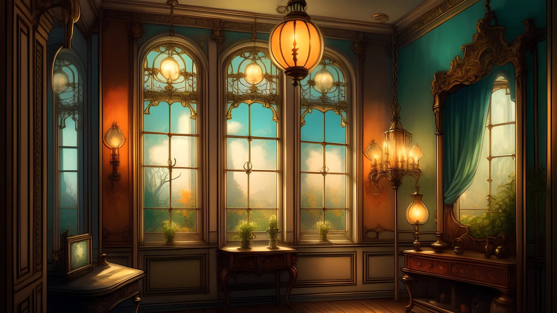 A digital painting in a realistic style of a room with large window, vintage lamp, and ornate mirrors hanging on the walls