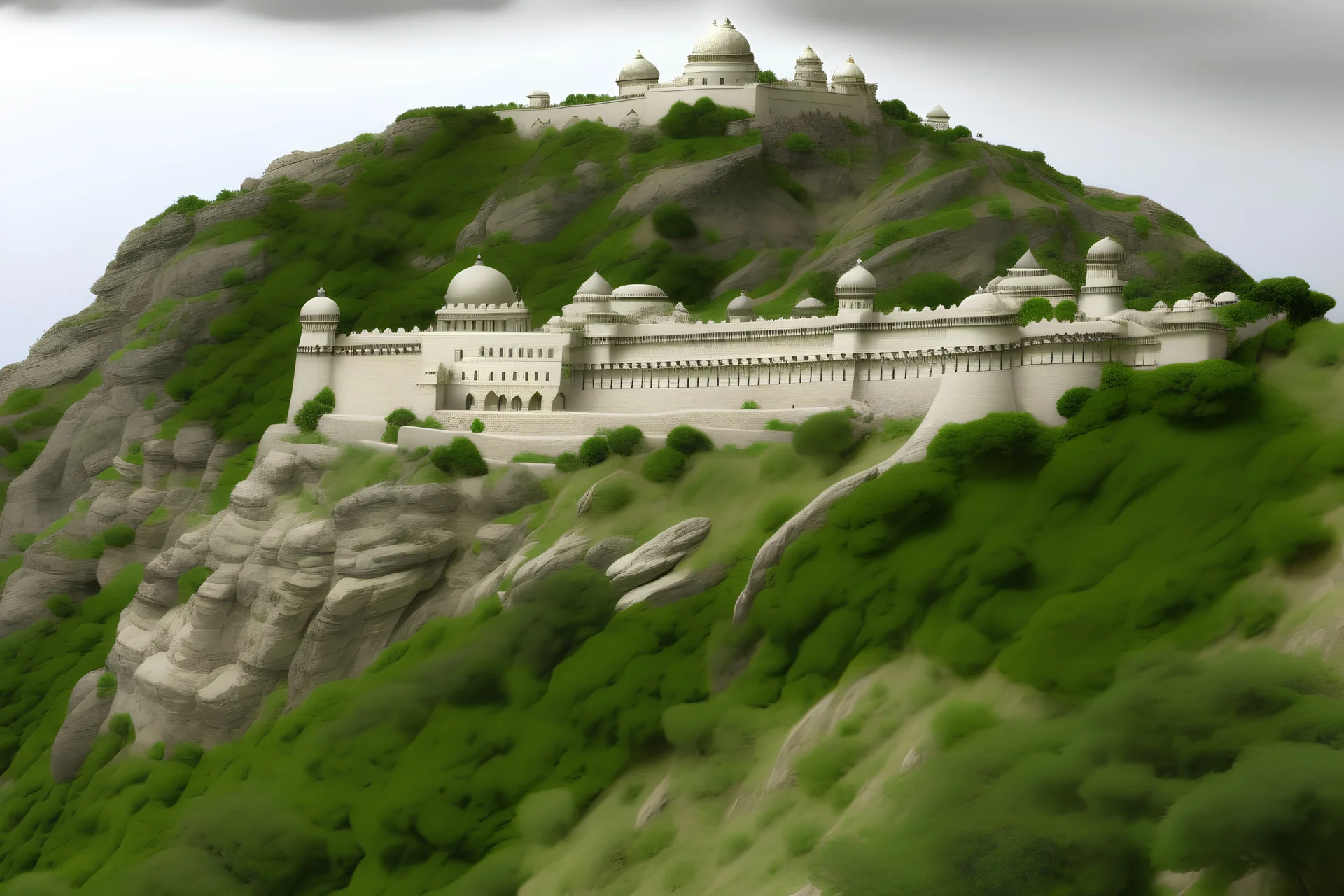 'Junagarh Fort style', low grey granite fortress situated in wood covered Scottish Highlands seen from far away built at the top of grey granite cliffs