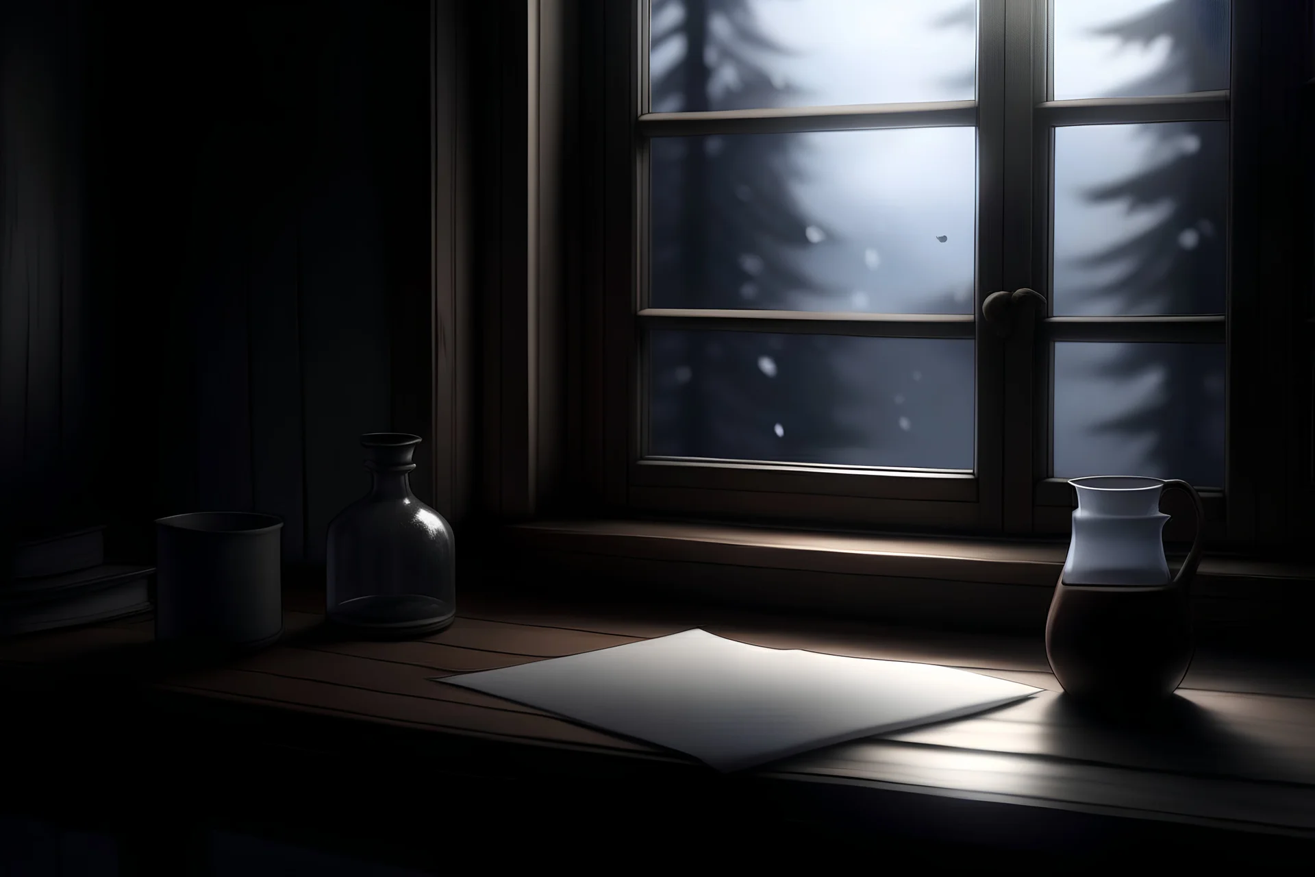 an anime style letter on a wooden table with a dark, gloomy, snowy window in the background