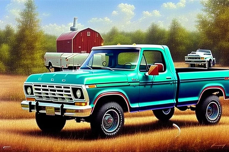 a true-to-life 1978 ford f-150 truck, centered, intricate, extreme detailed, photorealism, center view, farm background, pivot on ford, pen and color marker, painting by cheryl kelley