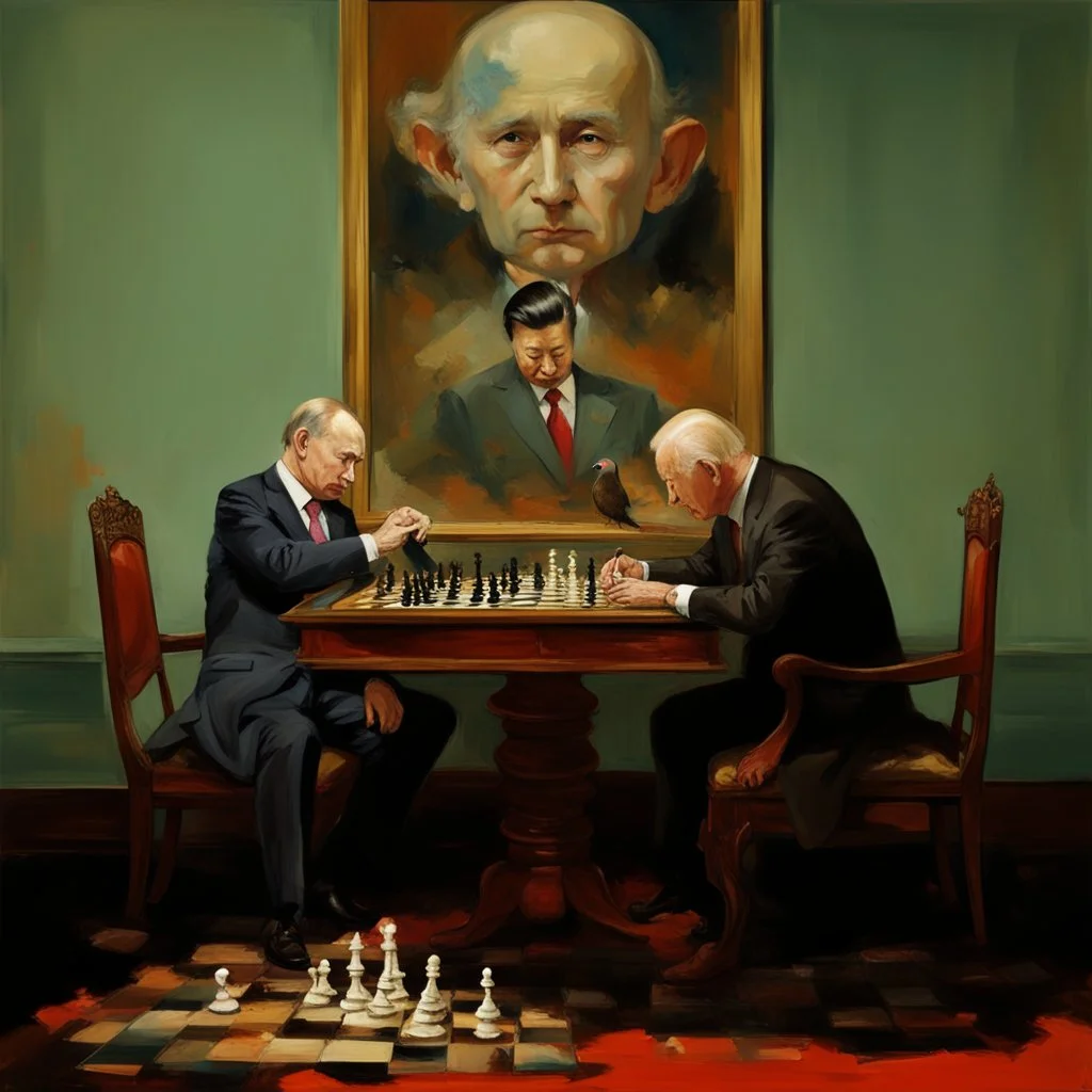 Putin, President Xi Of China And Joe Biden Play Chess With A Pigeon,Ufo And Atomic Bomb Mushroom Cloud,Complex Surgical Instruments Intermixed With A Newborn Boy,Minimalism,Painting By Adrian Ghenie,Rene Magritte,Pablo Picasso,Michelangelo,Salvador Dali,Lucian Freud