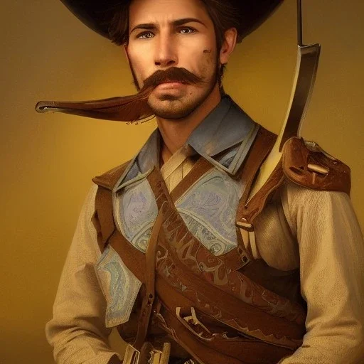 portrait,"Insanely detailed photograph of a male western mustachioed crossbowman", charo detailed, sequenced Sombrero, detailed held dagger, digital painting, artstation, concept art, smooth, sharp focus, illustration, art by artgerm and greg rutkowski and alphonse mucha, 8 k,fantasy, unreal engine