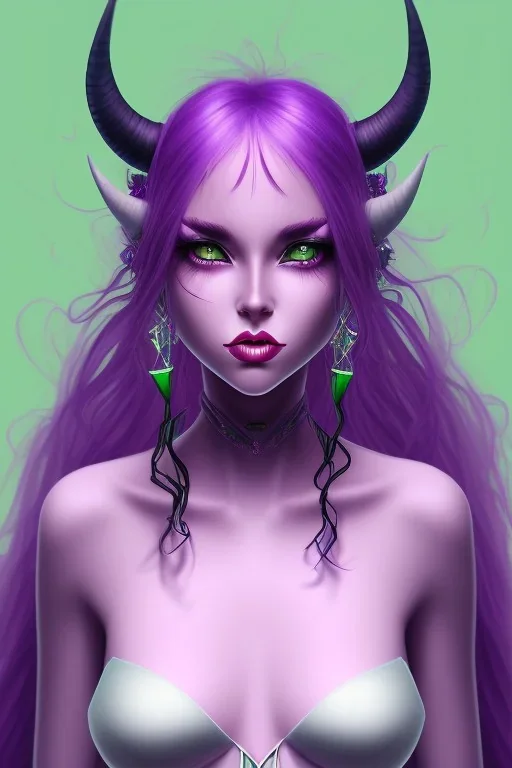 cute purple haired devil girl with bright green eyes and black horns on her head wearing a purple/pink dress