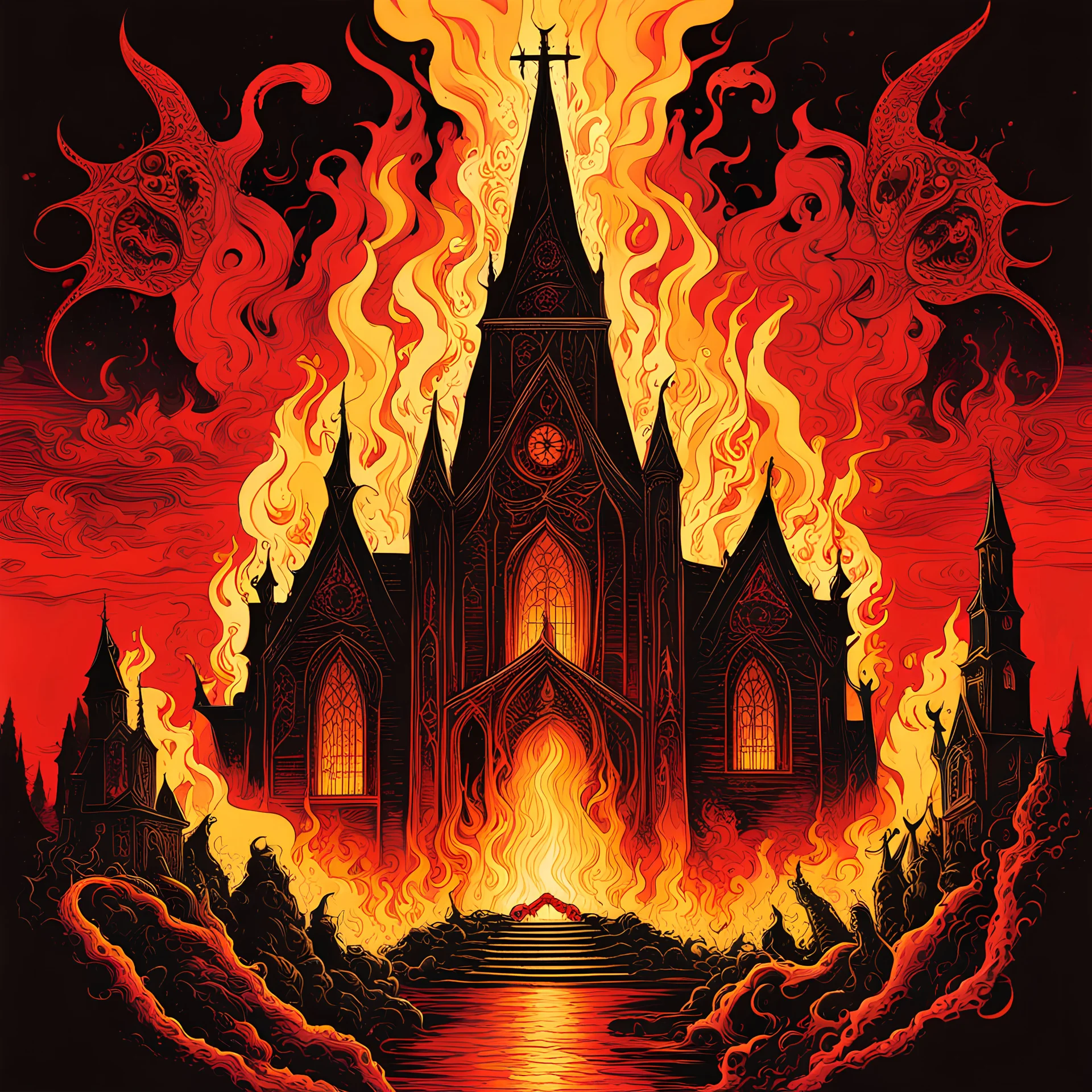 text "HELLFIRE CLUB", age of fire silhouette of a burning church, Eldritch, horror surrealism, hyperdetailed, maximalist, by Derek Riggs and Gerald Scarfe and Lisa Frank, Death metal album art, expressionism, symbolic art, warm red colors, Yellow tints, dynamic diagonal composition, sharp contrast, "HELLFIRE CLUB"