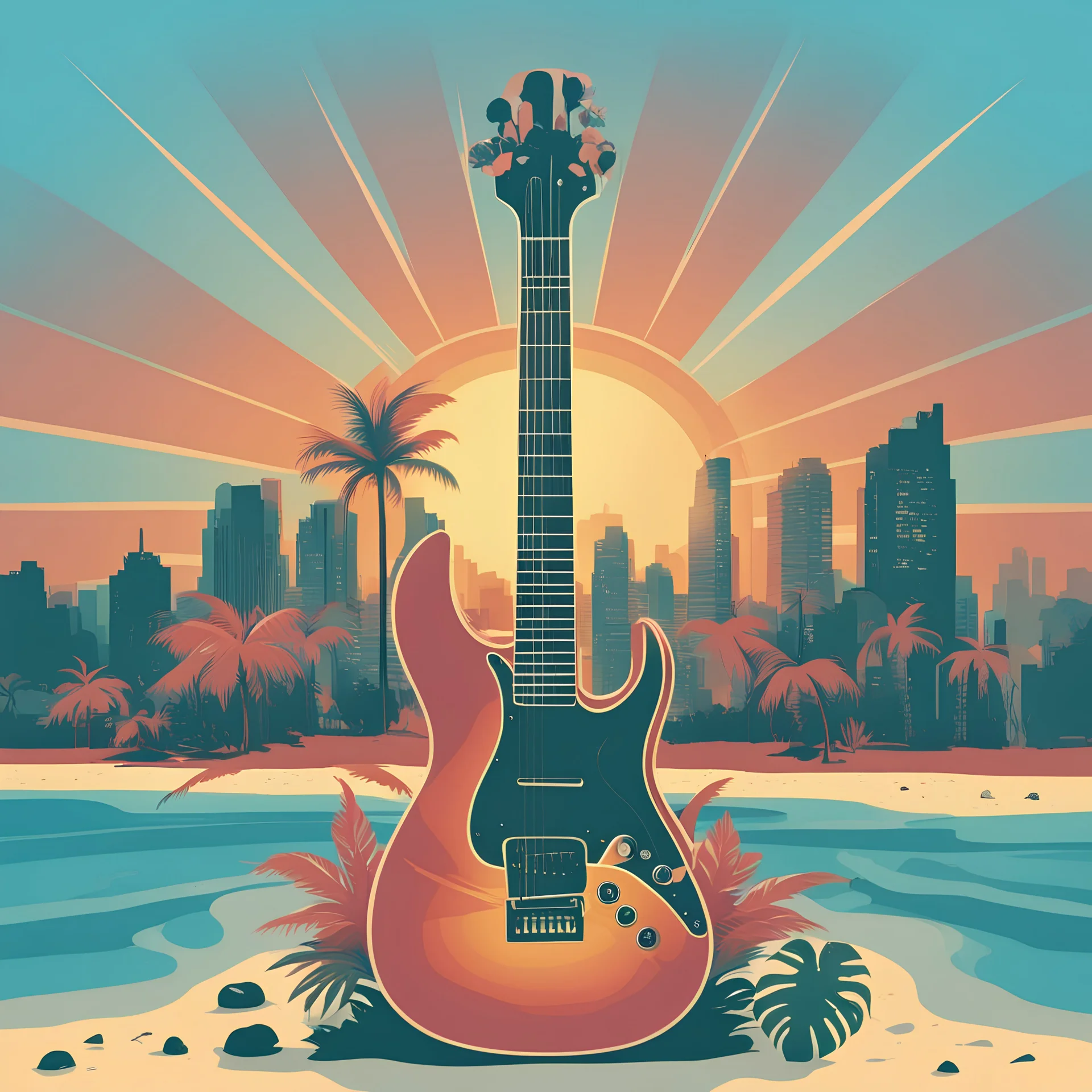 rays of early morning sunlight shining down on a guitar standing on a beach. Background of a tropical big city with scyscrapers