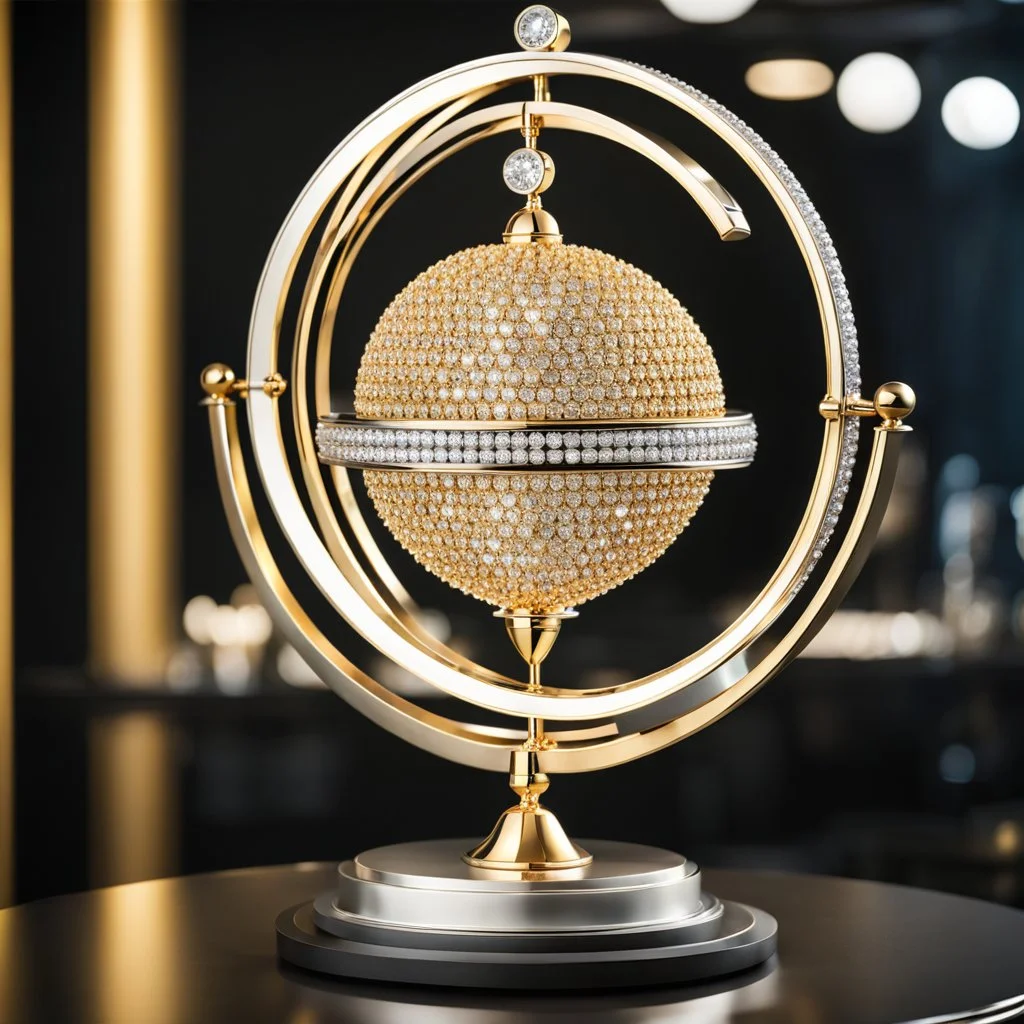 A magnificent golden and silver heart-shaped sign adorned with a stunning golden sphere encrusted with sparkling diamond clusters at its center, elegantly spinning in position.