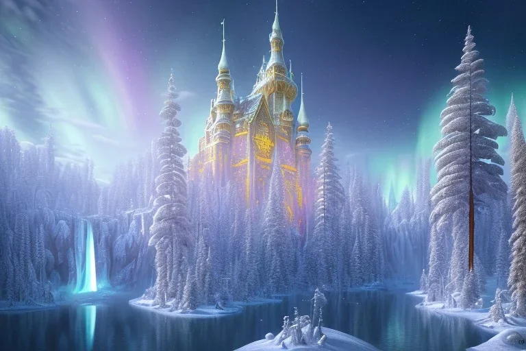  white and gold crystal castle，waterfall, winter snow flakessnow, northern Lights, full of details, smooth, bright sunshine，soft light atmosphere, light effect，vaporwave colorful, concept art, smooth, extremely sharp detail, finely tuned detail, ultra high definition, 8 k, unreal engine 5, ultra sharp focus