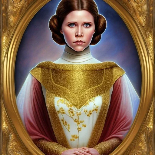 flower framed complete and photo realistic detailed head to waist stunning photo realistic portrait of young carrie fisher as Princess Leia in star wars with photo realistic hairstyle by Mandy Jurgens and mucha and Richard Schmid and chuck close and chie yoshii, extraordinary and detailed ceremony dress of star wars,brown eyes