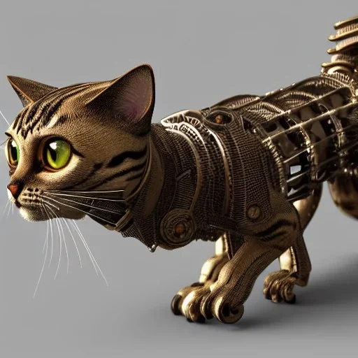 character render of mechanical tabby cat, intricate, ultra-fine detailed, steampunk, ornate, 8k, ultraHD, high-quality, 3d, realistic, trending on artstation, midjourney style, elaborate, openjourney style