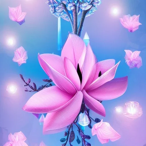 a magical crystal flower lys bougainvillier, magnolias pink,blue lake,sun,white swanns,pink vertical, blue lake,sharp, vines, candlelit, endor, ornate, elegant, highly detailed, artstation, concept art, smooth, sharp focus, illustration, 8k, splash art, wallpaper, key visual