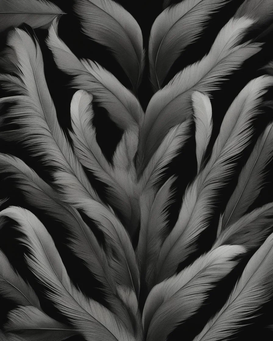 A captivating and surreal artwork featuring a heart-shaped figure entirely composed of sleek, jet-black feathers. Each feather delicately sways and flutters as if caught in a gentle breeze, creating a mesmerizing dance of movement and texture. The backdrop is a seamless expanse of deep, velvety black, accentuating the striking contrast and captivating allure of the feathered heart, which appears to be floating in the vast darkness.