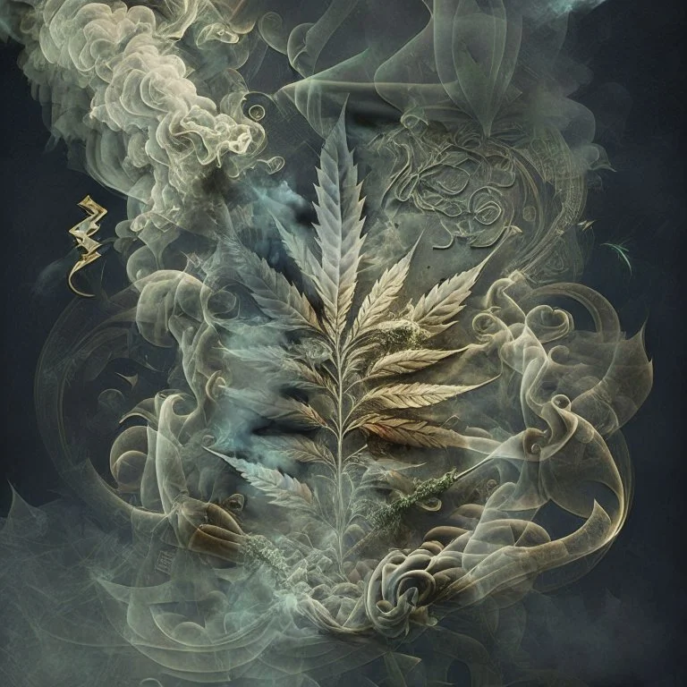 Design a composition where smoke intertwines with abstract patterns inspired by ancient scriptures and texts, while crushed weed leaves form the foundation of forgotten symbols and hidden meanings, evoking a sense of mystery and discovery.