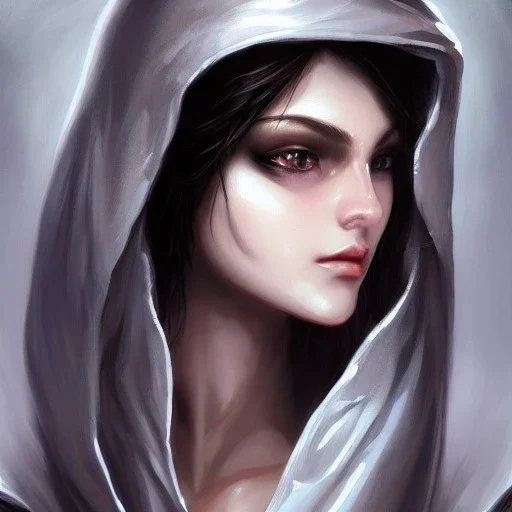 a _ fantasy _ style _ portrait _ painting _ of beautiful white female black silky hair short head smirk round face hood robe rpg dnd oil _ painting _ unreal _ 5 _ daz. _ rpg _ portrait _ extremely _ detailed _ artgerm _ greg _ rutkowski _ greg