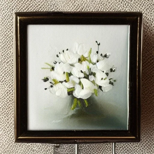 tiny oil painting of single long stem pressed flower, white canvas, moody, vintage, delicate arrangement, beautiful composition, etsy, aesthetic layout, plain solid white background