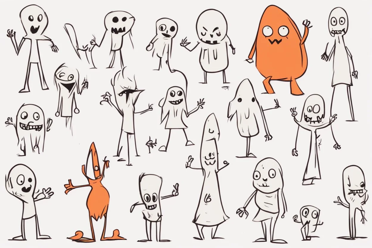 make a bunch of simple hand-drawn spooky and cute cartoon characters with bodies arms, and legs I could draw and make them all different