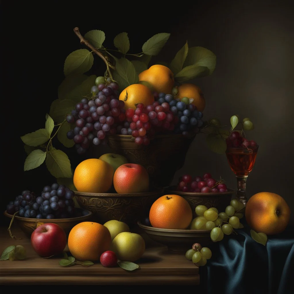 Naturaleza muerta frutas, Rembrandt style, digital art, colores contrastes, hiperdetallado, 8k