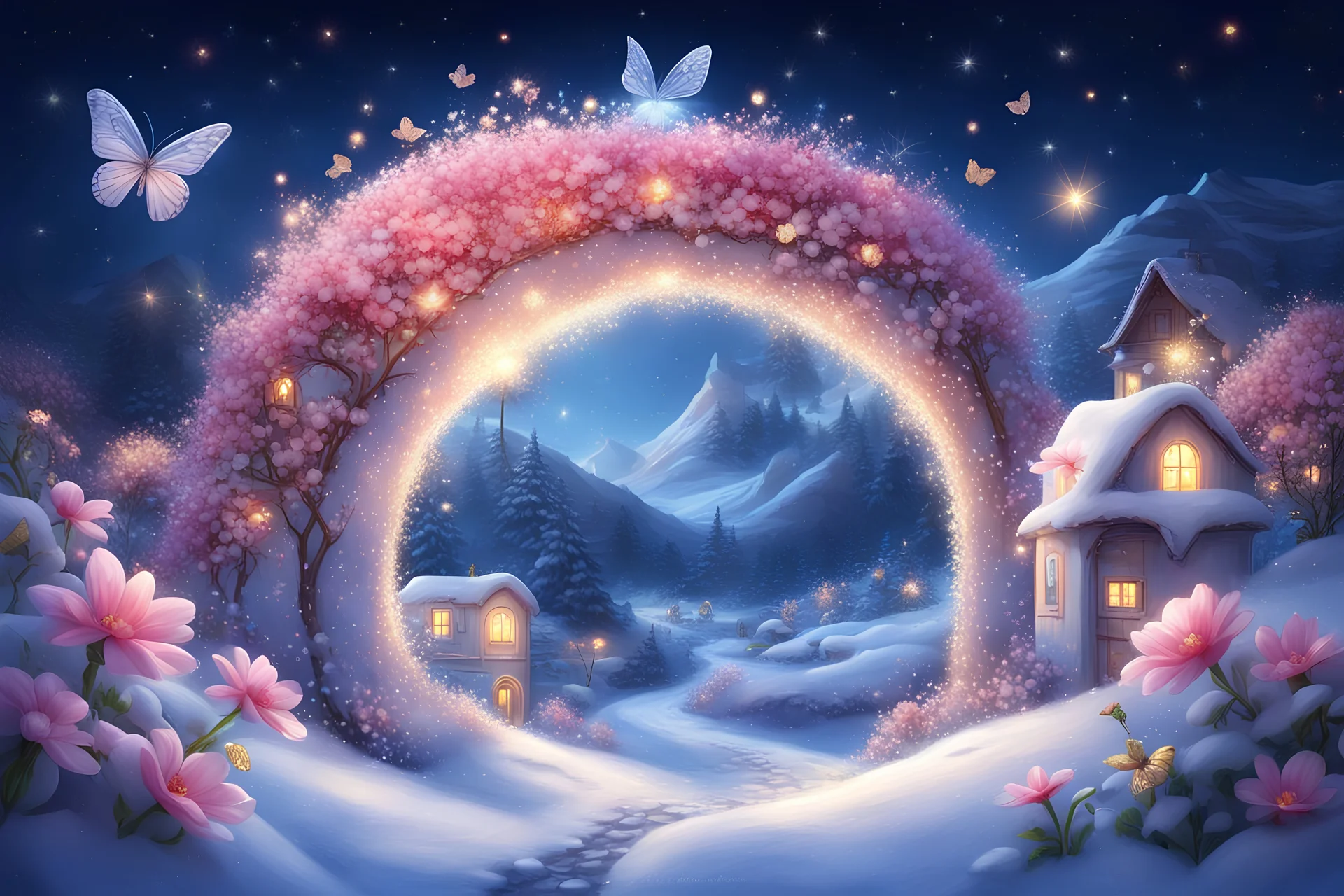 paysage féerique de neige, magnifique arche de cristal, perles de lumières, fleurs lumineuse roses, lucioles, rayons de lumières, très petits papillons jaunes, en arrière plan et au loin un petit village de maisons colorées , le ciel est bleu marine avec des étoiles, au loin des montagnes enneigées, perles de lumière blanche