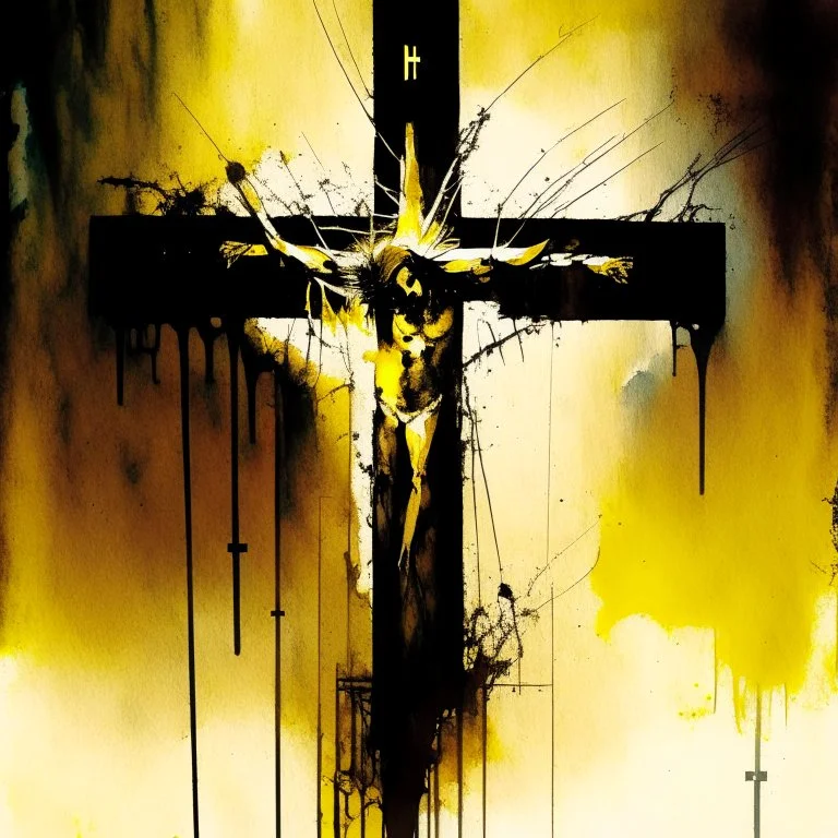 Dramatic watercolor and pen, fine strokes, high shock value image, social deconstruction through deceit and deception hit us with the pointing stick - golden arches crucifix, sci-fi noir aesthetic, dramatic, complex contrast, dynamic composition; oddball masterpiece, sfumato, sinister,